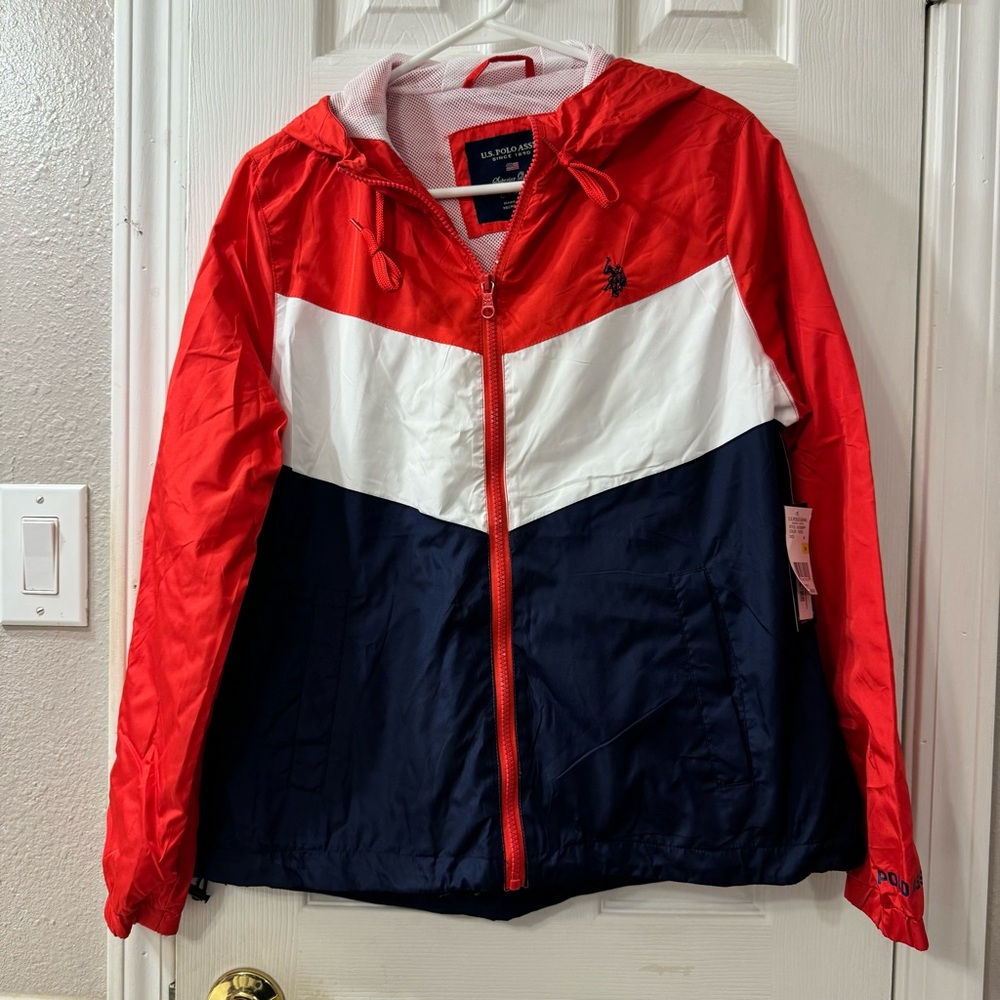 U. S. Polo Assn Raincoat/Windbreaker Hoodie Red/Blue/White Medium Unisex